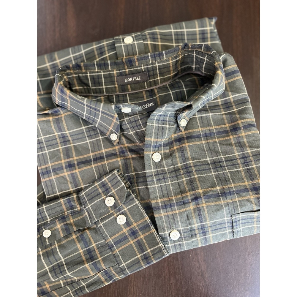 St. John's Bay Iron Free Plaid LS Shirt Men's L Green Blue Button Front‎ Cotton